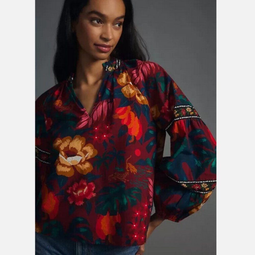 NEW Farm Rio Anthropologie XS V-Neck Poplin Blouse Top Floral Nwt - Picture 2 of 6